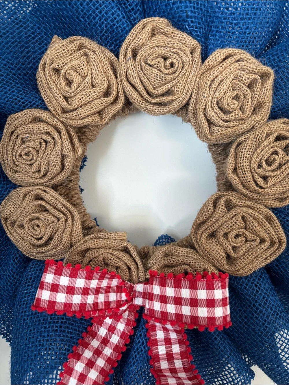 Hand Crafted Blue Burlap Wreath with Tan Rosettes and Red Gingham Bow Accent